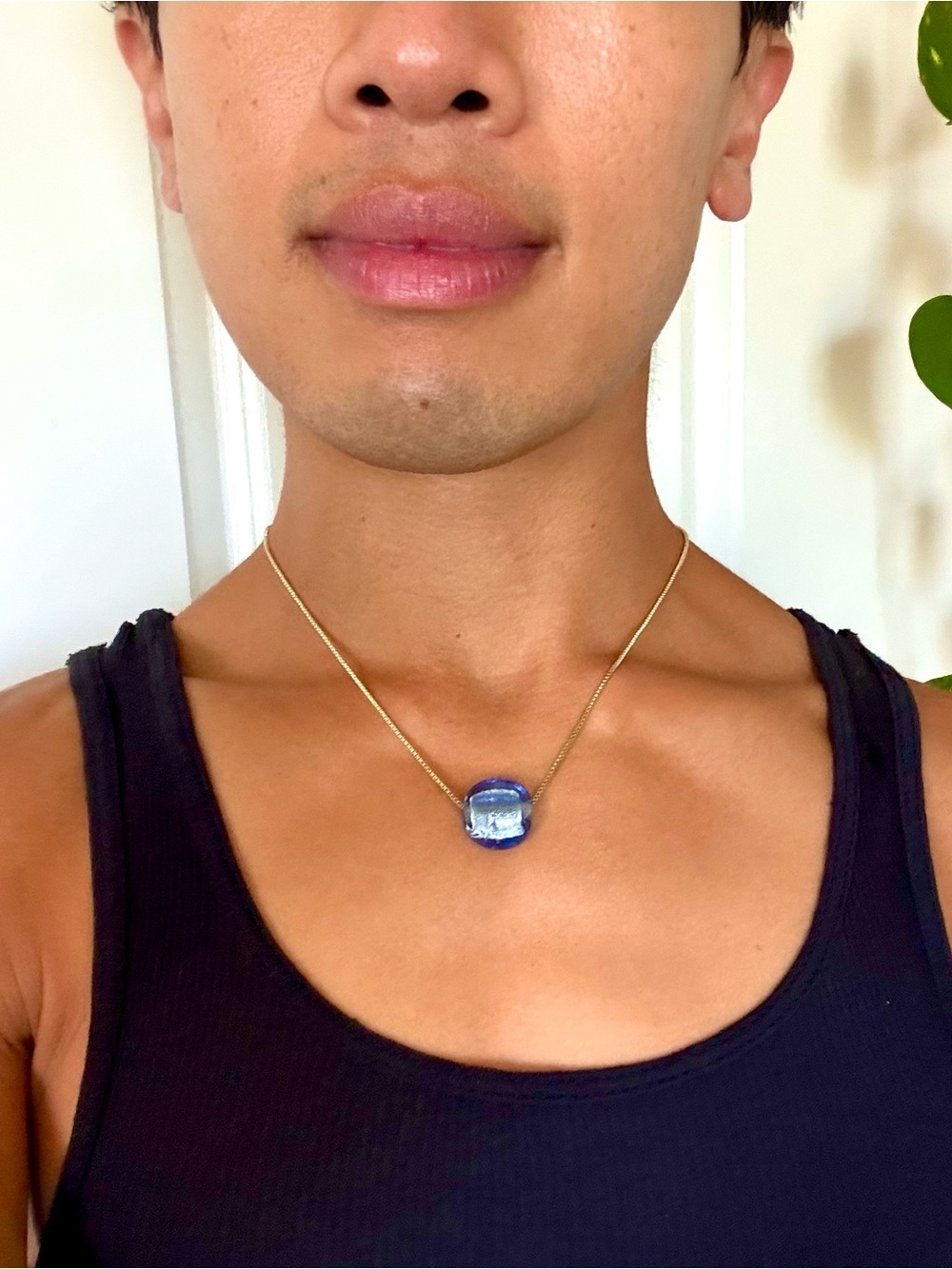 Gold Chain Necklace with Blue Glass Pendant